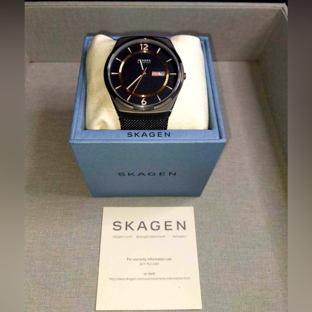 (Rare) Large Skagen Quartz Black Dial Men's Stainless Steel mesh strap Watch